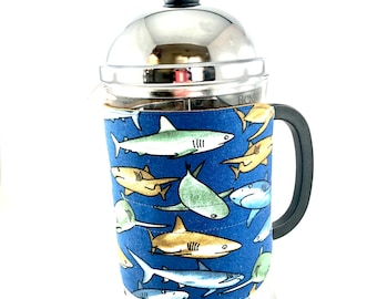 French press cozy, coffee cozy, fish, coffee sleeve, ocean, shark, insulated French press cover, coffee press cozy