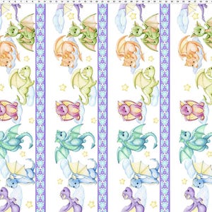 May include: A repeating pattern of watercolor dragons in various colors, including green, orange, pink, blue, and purple, on a white background. The design features dragons with wings, clouds, and stars, separated by vertical lavender borders.