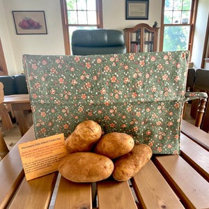 May include: A green floral microwave potato bag with four potatoes on a wooden surface. The bag has a handle and a tag with instructions. The bag is made of fabric with a floral pattern of small orange and white flowers.