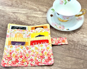 Tea wallet, tea bag, spring flowers, pink, 6 pocket, hot tea, tea bag wallet, travel wallet