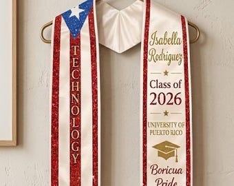 Puerto Rico Flag Graduation Stole Personalized, Boricua Class of 2026 Sash, Flor de Maga Floral Stole, Custom Grad Gift