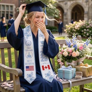 May include: A graduate in a navy blue gown and cap, laughing while holding her cap. She wears a white sash with floral designs, the text "Yale University", and the American and Canadian flags. A bouquet of flowers and gifts sit on a bench.