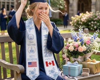 Estola de graduación personalizada con dos banderas, banda de graduación personalizada con doble bandera de EE. UU., regalo para estudiantes internacionales de la promoción de 2026, estola universitaria.