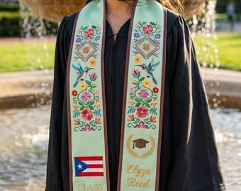 Puerto Rico Style Simple Custom Graduation Stole Class of 2026, Virgin Mary Sash, Floral Print Graduation Gift