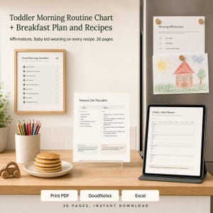May include: A digital toddler morning routine chart, breakfast plan, and recipe set including 26 pages. The display features a framed checklist, a banana oat pancake recipe card, a weekly meal planner on a tablet, and a stack of pancakes.