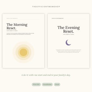 May include: Two digital planner pages titled The Morning Reset and The Evening Reset with toddlers and babies. The first page features a yellow sun graphic, the second a purple crescent moon. Text includes descriptions of routines and recipes.