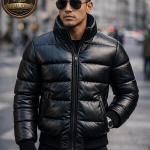 Men's Black Sheepskin Leather Puffer Jacket | Quilted Bomber Coat