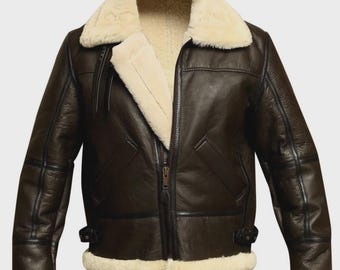 Men’s Sheep Aviator Brown Bomber Real Shearling Sheepskin Leather Flight Jacket