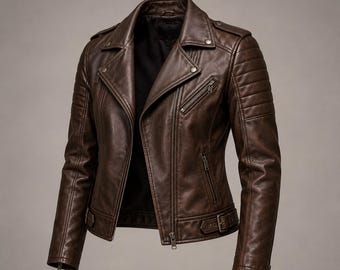 Herr vintage brun sliten läderbikerjacka