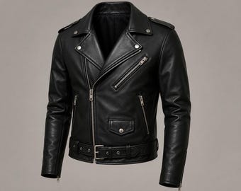 Men's Black Leather Biker Jacket – Classic Motorcycle Fashion, Silver Hardware