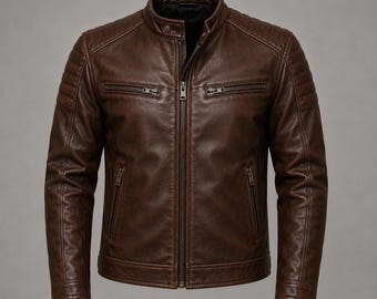 Chaqueta de cuero marrón estilo café racer vintage para hombre