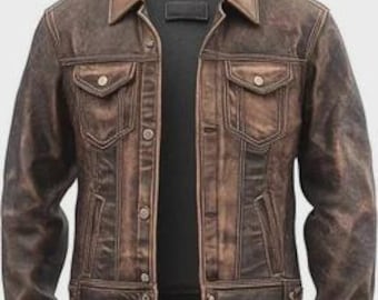 Trucker Men Distressed Motorcycle Vintage Tan Brown Biker Real Leather Jacket