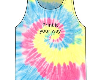 Camiseta sin mangas con estampado tie-dye en espiral, personalizable, estampa a tu gusto, regalo para ellos, envío gratis, ropa tie-dye, regalo, camiseta de fin de semana, arcoíris