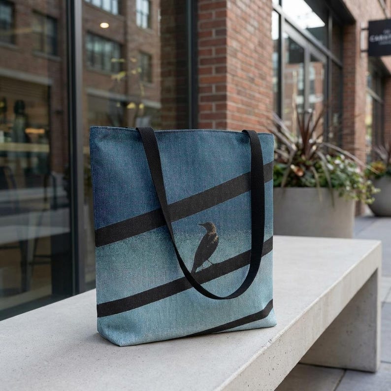 Bird on Wire Tote Bag | Blue Gradient Textured Woven Shoulder Bag image 2