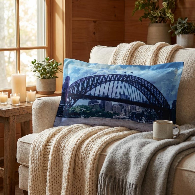 Sydney Harbour Bridge Pillow Sham | Coastal Cityscape Home Decor image 2