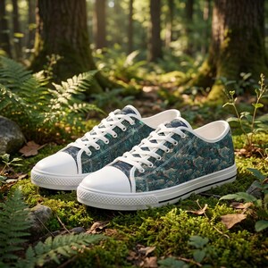 Sneakers basse da uomo color verde acqua con stampa astratta effetto marmo / Scarpe da barca in tela con motivo artistico immagine 2