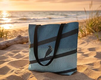Bird on Wire Tote Bag | Blue Gradient Textured Woven Shoulder Bag