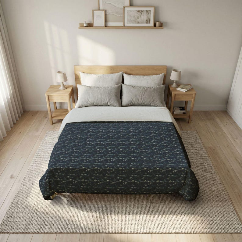 Navy Whale Pattern Cotton Duvet Cover | Nautical Marine Ocean Print image 2