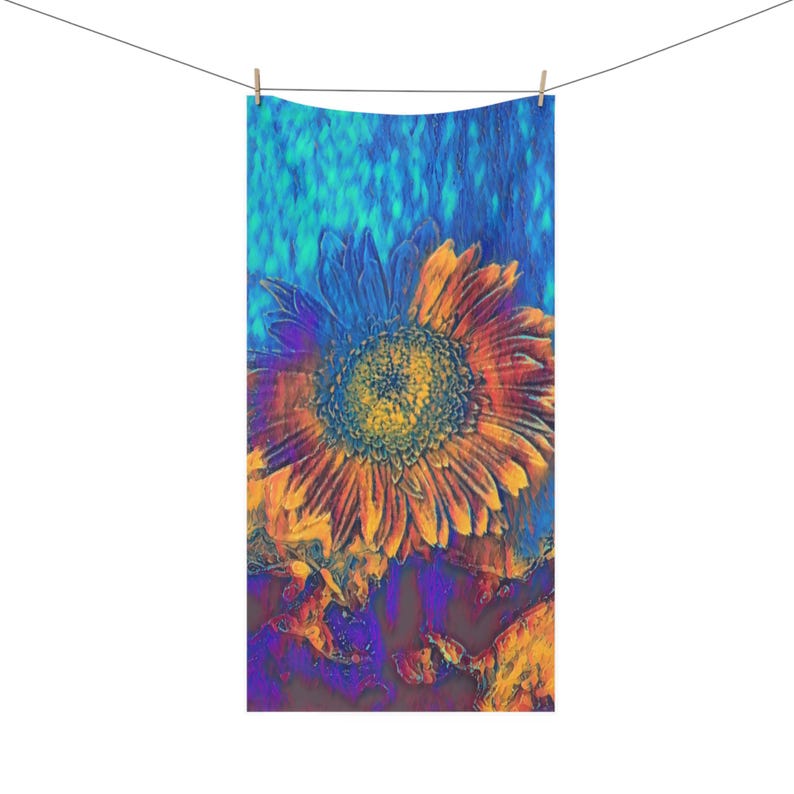 Toalla de algodón y visón con estampado de girasoles psicodélicos / Toalla de playa con estampado floral vibrante imagen 2
