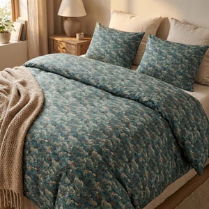 Teal Curly Waves Pattern Cotton Bed Set | Duvet Cover & Pillowcases image 1