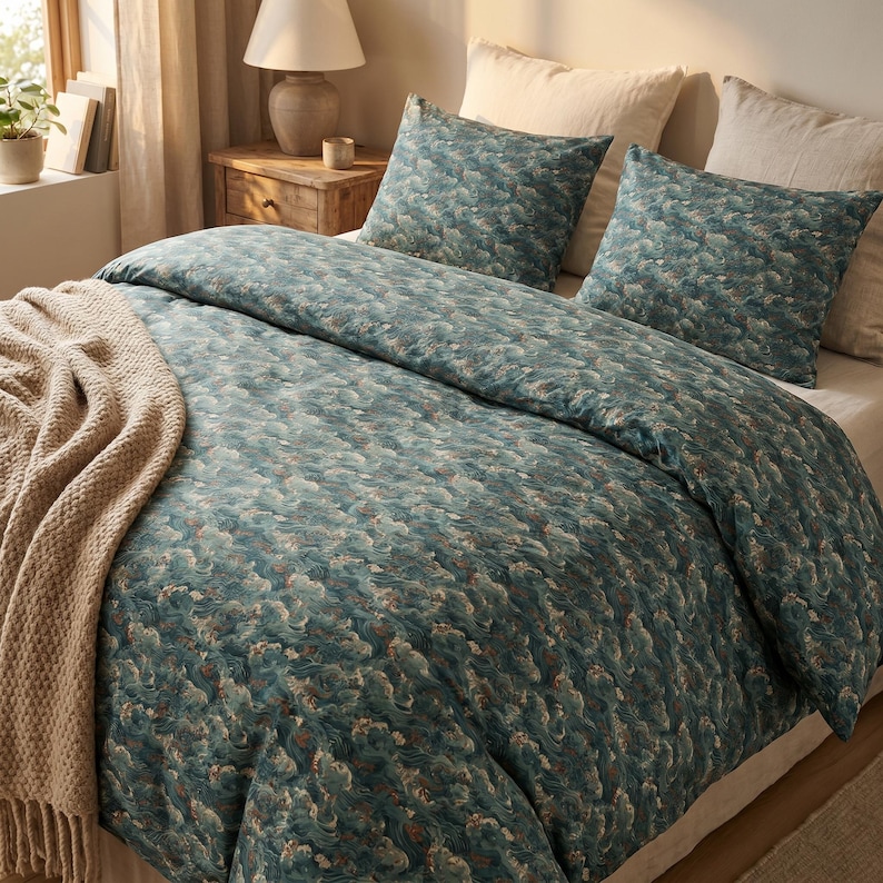 Teal Curly Waves Cotton Bed Set