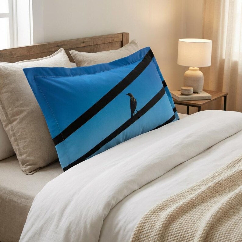 Silhouette Bird on Wires Pillow Sham | Blue Sky Bird Pillowcase image 2