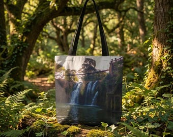 May include: A black-handled tote bag featuring a scenic waterfall image. The bag's design showcases a cascading waterfall, a bridge, and surrounding greenery. The bag is set against a backdrop of a lush forest.