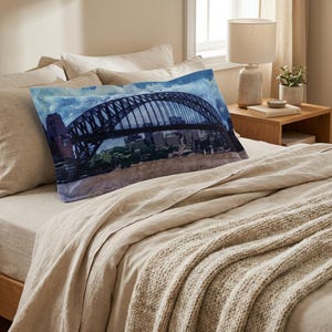 Sydney Harbour Bridge Pillow Sham | Coastal Cityscape Home Decor image 1