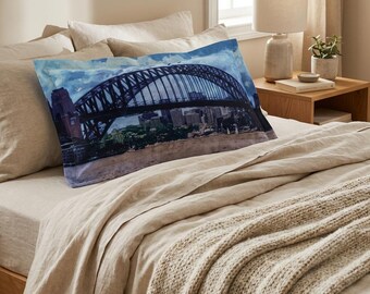 Sydney Harbour Bridge Pillow Sham | Coastal Cityscape Home Decor