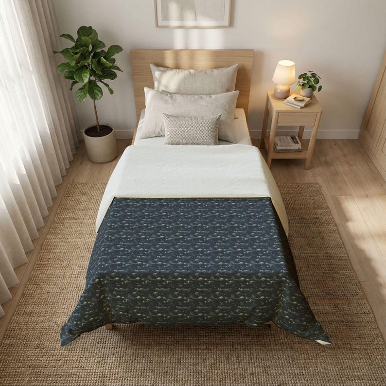 Navy Whale Pattern Cotton Duvet Cover | Nautical Marine Ocean Print image 3