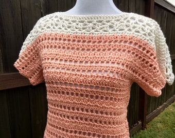 Peachy Keen T-shirt virkmönster för kvinnor | Mönster för virkad sommartopp i spets, storlek XS-5X inklusive