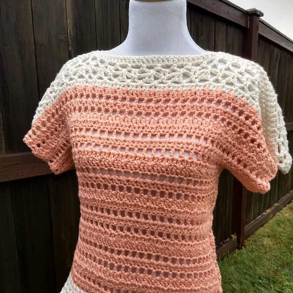 Peachy Keen Tee Women's Crochet Pattern | Summer Lace Crochet Top Pattern XS-5X size inclusive