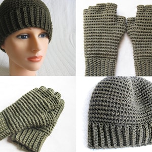 Puede incluir: Un conjunto de accesorios de invierno de ganchillo en color verde oscuro. El conjunto incluye un gorro y guantes sin dedos.