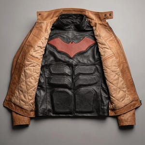 May include: A tan leather jacket with a quilted interior lining worn over a black leather chest piece. The black chest piece features a prominent red bat-shaped emblem on the upper chest and molded, padded sections across the torso area.