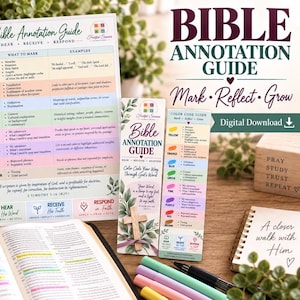 May include: A Bible Annotation Guide chart and bookmark set featuring a color-coded system for scripture study. The materials display text, floral accents, and a cross graphic. An open Bible with highlighted verses and colorful markers are also visible.