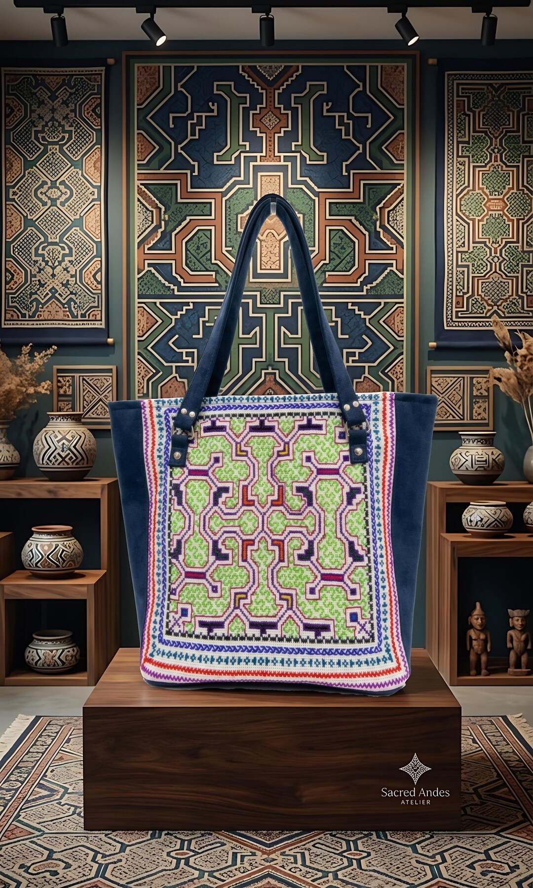Sacred Geometry Luxury Leather Tote Bag: Hand-embroidered Shipibo ...