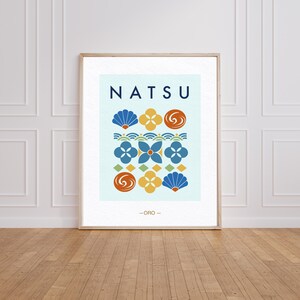 以下が含まれることがあります： 上部に「NATSU」、下部に「-ORO-」の文字が記された額装アートプリント。中央のデザインは、水色の背景に青い扇、黄色い花のような形、オレンジ色の渦巻き、緑の波模様といった様式化されたアイコンがグリッド状に配置されています。