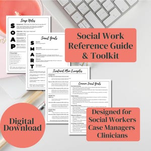 May include: A collection of printed worksheets and guides for social workers, case managers, and clinicians. The documents include information on SOAP notes, smart goals, and treatment plan examples. The words "Digital Download" are visible.