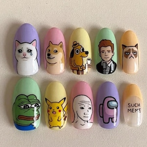 Funny Meme Press On Nails, Internet Meme Nail Set, Cartoon Character Nails, Handmade Reusable Fake Nails, Kawaii Pop Culture Nails