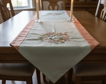 78" Light Sage Green with Dusty Gold Edges Table Runner with Ribbon Embroidery and Tassels