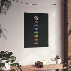 Op de afbeelding: Een zwarte poster met zeven kleurrijke, ovale ontwerpen met geometrische patronen. De kleuren zijn helder, paars, blauw, blauwgroen, groen, geel, oranje en rood. Het bovenste ontwerp is een heldere, cirkelvormige vorm.