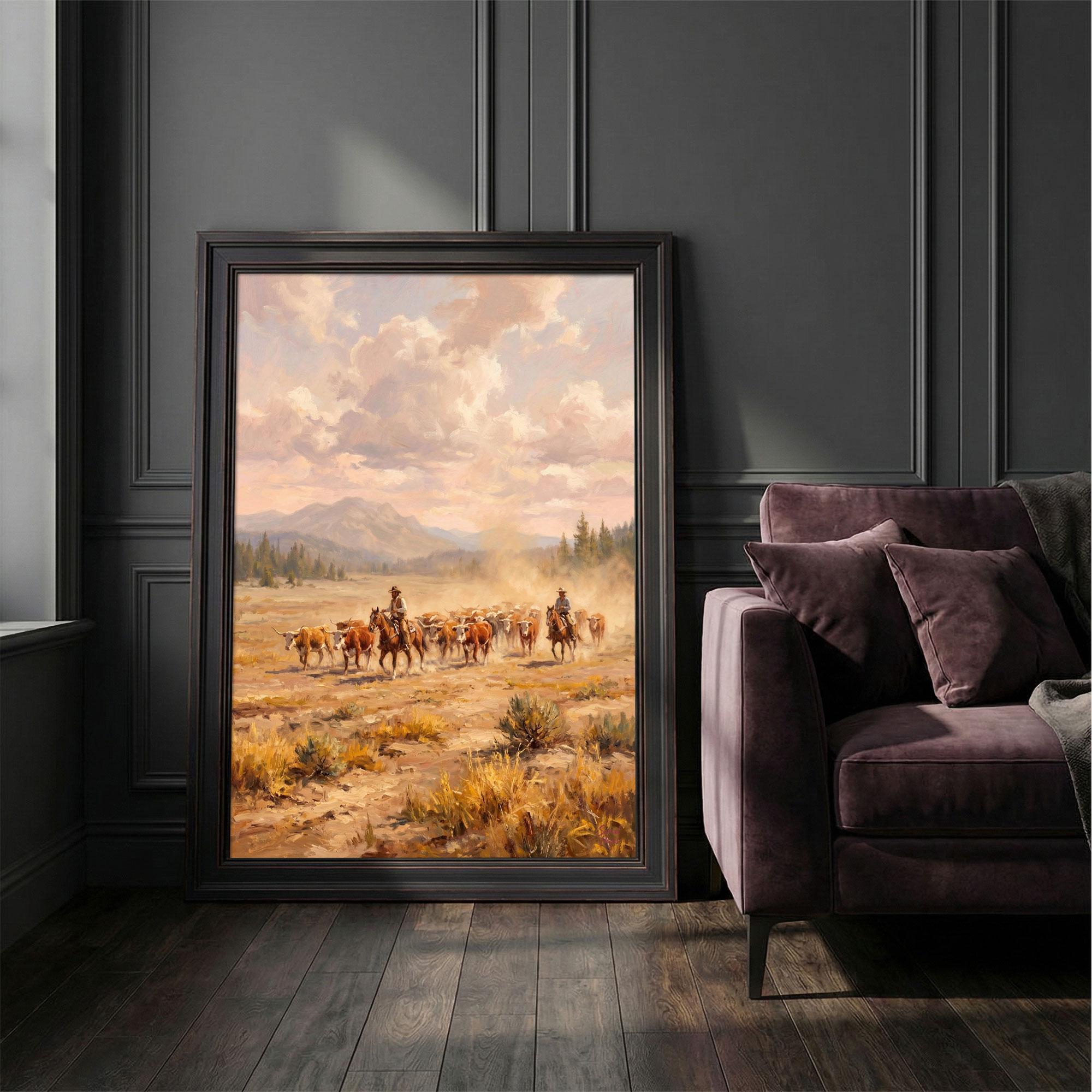 Cowboys Cattle Drive Print, Vintage Western Ranch Wall Art, Rustic ...