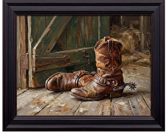 Vintage Cowboy Boots Spurs Barn Print Painting – Western Rustic Wall Decor