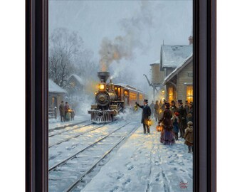 Victorian Steam Train Print, Snowy Station Winter Landscape, Nostalgic Holiday Wall Art