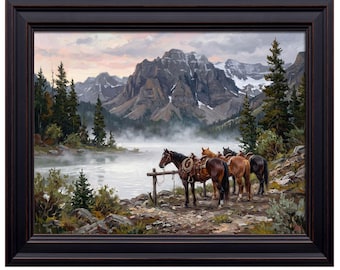 Saddled Horses Print | Rocky Mountains Lake Landscape Wall Art