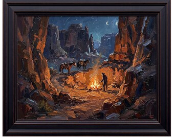 Cowboy Campfire Moonlit Canyon Print | Western Desert Landscape Wall Art