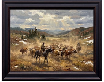 Cowboys Cattle Drive Print – Western Mountain Valley Sunset Landscape Wall Decor