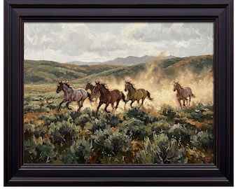 Wild Horses Running Print | Western Prairie Landscape Wall Decor, Rustic Horse Painting