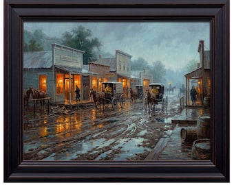 Vintage Old West Town Rain Print, Saloon Stagecoach Western Wall Decor (Archival Canvas)