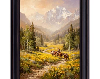 Vintage Cowboy Pack Horses Mountain Landscape Painting, Old West Wall Decor (Giclée Print)